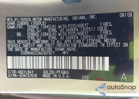2010 Toyota Sienna Xle z USA, uszkodzony, nr VIN 5TDYK4CC5AS307821